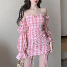 Load image into Gallery viewer, Women Dress Fashion Sexy Off Shoulder Long Puff Sleeve Plaid Drawstring Bodycon Strapless Mini Dresses Set