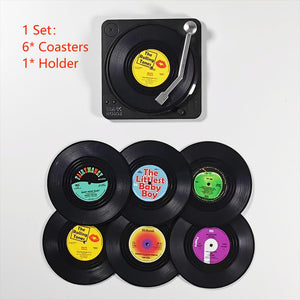 Set of 6 Vinyl Coasters for Drinks Music Coasters with Vinyl Record Player Holder Retro Record Disk Coaster Mug Pad Mat Creative