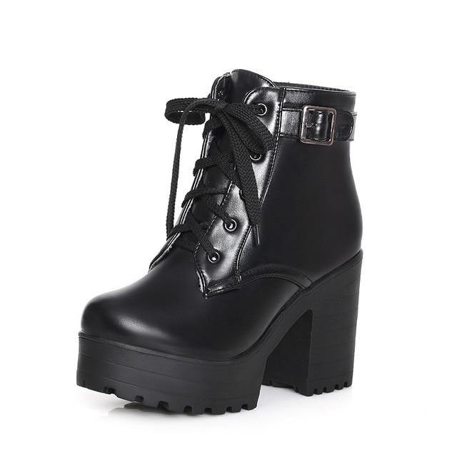 GOXPACER Autumn Martin Boots Boots Women Round Toe Buckle Shoes Women High Heel Fashion Plus Size Square Heels Lacing 3 Colors Women's leather boots Dashery Box Black 4.5 