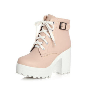GOXPACER Autumn Martin Boots Boots Women Round Toe Buckle Shoes Women High Heel Fashion Plus Size Square Heels Lacing 3 Colors Women's leather boots Dashery Box Pink 4.5 