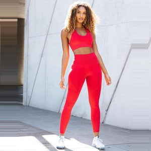 2PCS Hyperflex Seamless Yoga Set Sportswear Sports Bra+Leggings Fitness Pants Gym Running Suit Exercise Clothing Athletic Dashery Box Red M 