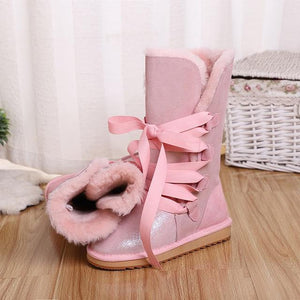 MBR FORCE Genuine leather Waterproof Lace Up Snow Boots for Women Cowhide leather Natural Sheep Wool Linning Winter women shoeS Women's winter boots Dashery Box Peare pink 13 