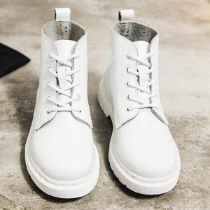 Soft Split Leather Women White Ankle Boots Motorcycle Boots Female Autumn Winter Shoes Woman Punk Motorcycle Boots 2020 Spring Women's leather boots Dashery Box 